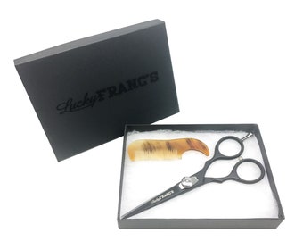 Beard & Mustache Grooming Kit. Professional grade scissors and handmade real horn pocket sized comb. Gift Boxed. Lucky Franc's