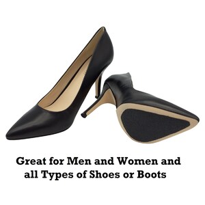 May include: A pair of black high-heeled shoes with a textured rubber sole. The shoes are angled to show the sole.  Great for Men and Women and all Types of Shoes or Boots