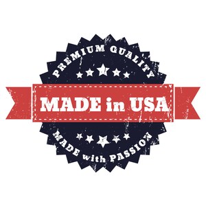 May include: A blue and white distressed circle badge with a red ribbon. The badge says "Premium Quality Made in USA Made with Passion".
