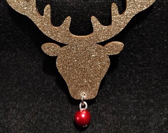 Glittery Christmas Red Nose Reindeer Novelty Necklace (Choose bead or bell for nose)