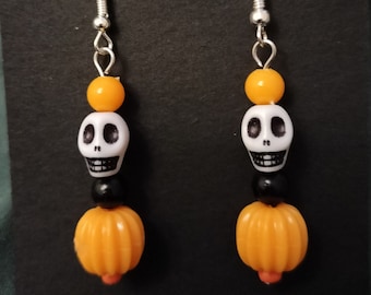 Orange and Black Pumpkin and Skull Earrings