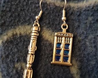 Doctor Who Inspired Sonic Screwdriver and Tardis  mis-matched earrings