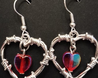 Red Hearts In Barbed Wire Earrings