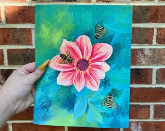 Art Print of Bees on a Flower | 8x10 Paper Print | Floral Design | Gift for Mom One of a Kind from Small Artist