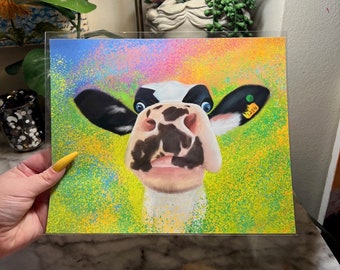 Colorful Cow Art Print on Paper | 10"x8" | Farmhouse Decor Artwork | Farm Animal Cute Cow Painting Rainbow Speckled