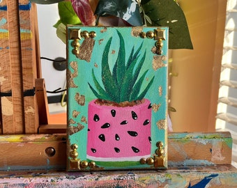 Mini Painting of a Plant in a Watermelon Pot | Floral Design | Original Acrylic Painting | Summer Home Decor | Art by Woman Artist