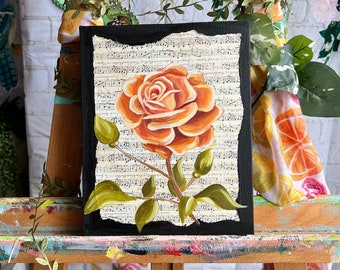 Orange Rose with Music Notes Background Original Acrylic Painting on Canvas | Music Lover Gift Idea