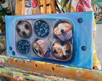 Blueberry Muffin Tin Acrylic Painting on Canvas, Bakery Kitchen Cafe Decor