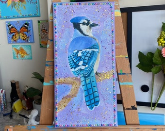 Blue Jay Original Acrylic Painting | Nursery Bird Wall Art Wall Hanging | Artwork on Canvas | Realistic Blue Jay Bird Vibrant Detailed