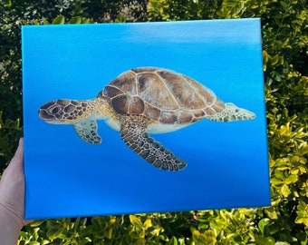 Realistic Sea Turtle Acrylic Painting on Canvas | Under the Ocean Themed Decor | Bathroom Wall Art | Nautical Sea Creature | Art for Home