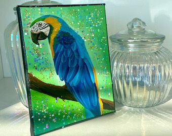 Blue and Gold Macaw Acrylic Painting on Canvas | Bird Artwork to Hang | Wall Art for Home | Gift Idea One of a Kind | For Bird Animal Lover