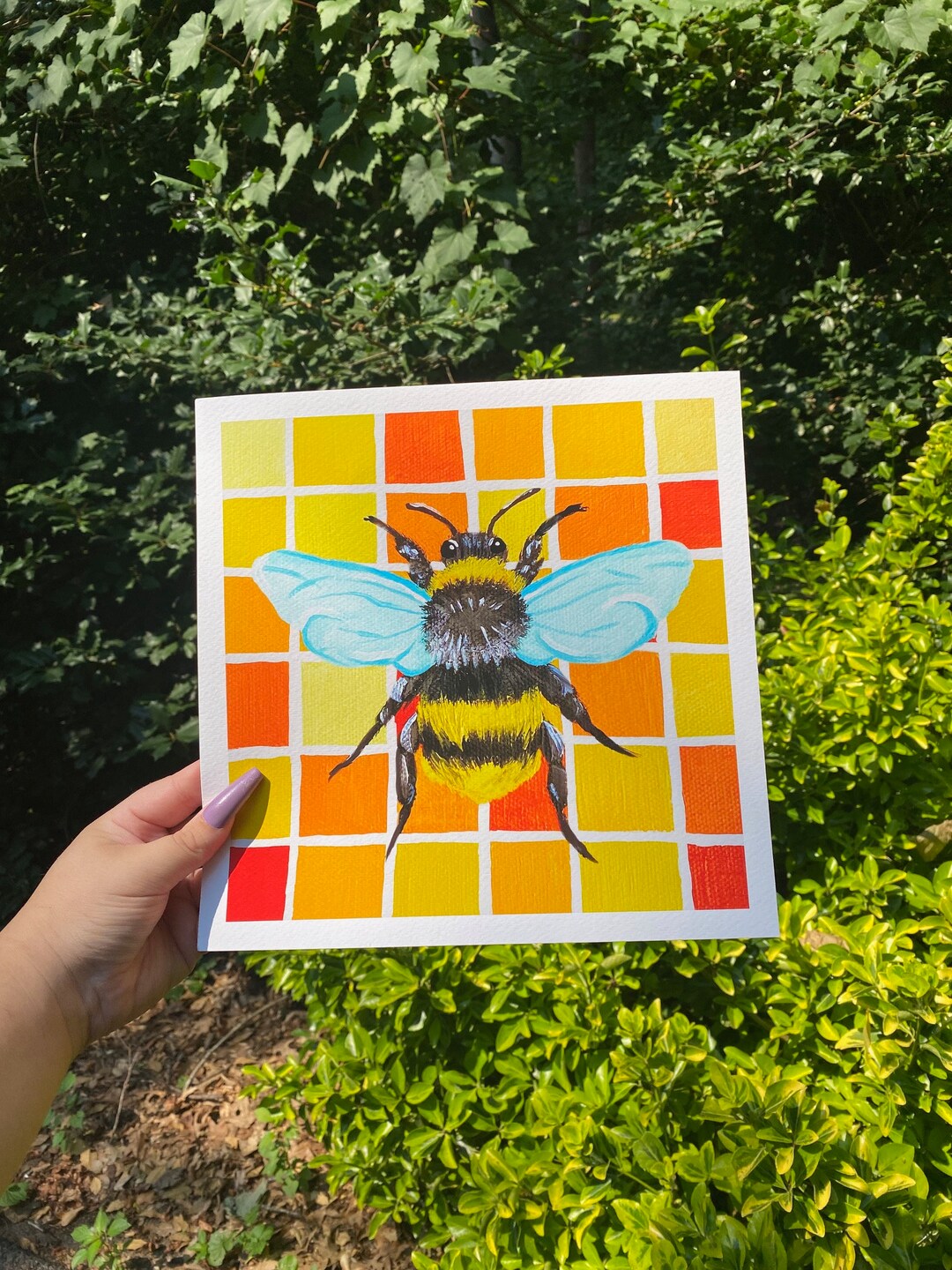 Bee Art Print With Mini Stickers 10x10 on Paper Fun Vibrant Feel Good