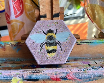 MINI Hand Painted Box of a Bumble Bee | Purple Bee | Keepsake Jewelry Box | Tiny Box | Acrylic Painting | Shelf Decor