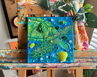 Abstract Sea Turtle Acrylic 3D Painting on Canvas | Ocean Themed Bathroom Decor | Nautical Design