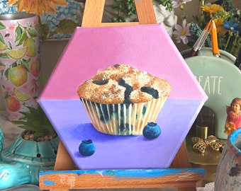 Blueberry Muffin Acrylic Painting on Canvas for Colorful Kitchen Bakery Decor