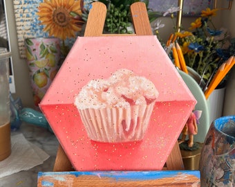Pink Strawberry Muffin Acrylic Painting on Canvas for Colorful Kitchen Bakery Decor