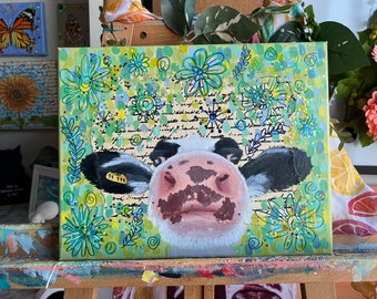 Cute Cow Face Painting | Original Painting by Woman Artist | Farm House Aesthetic Decor for Home of Cattle | Canvas to Hang on Wall