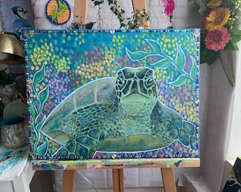 Large Acrylic Sea Turtle Painting on Canvas | Nautical Under the Sea Ocean Themed Artwork | For Bathroom