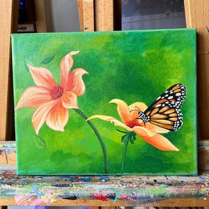 Monarch Butterfly & Orange Flowers Painting on 8x10 Canvas – Realistic Nature Wall Art
