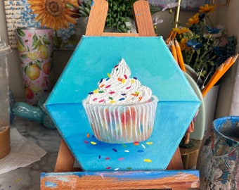 Confetti Cake Cupcake Acrylic Painting on Canvas for Colorful Kitchen Bakery Decor