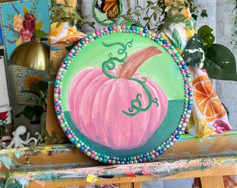 Pastel Pink Pumpkin Acrylic Painting | Fall Cottage Spooky Decor for Home on Canvas to Hang on Wall Artwork