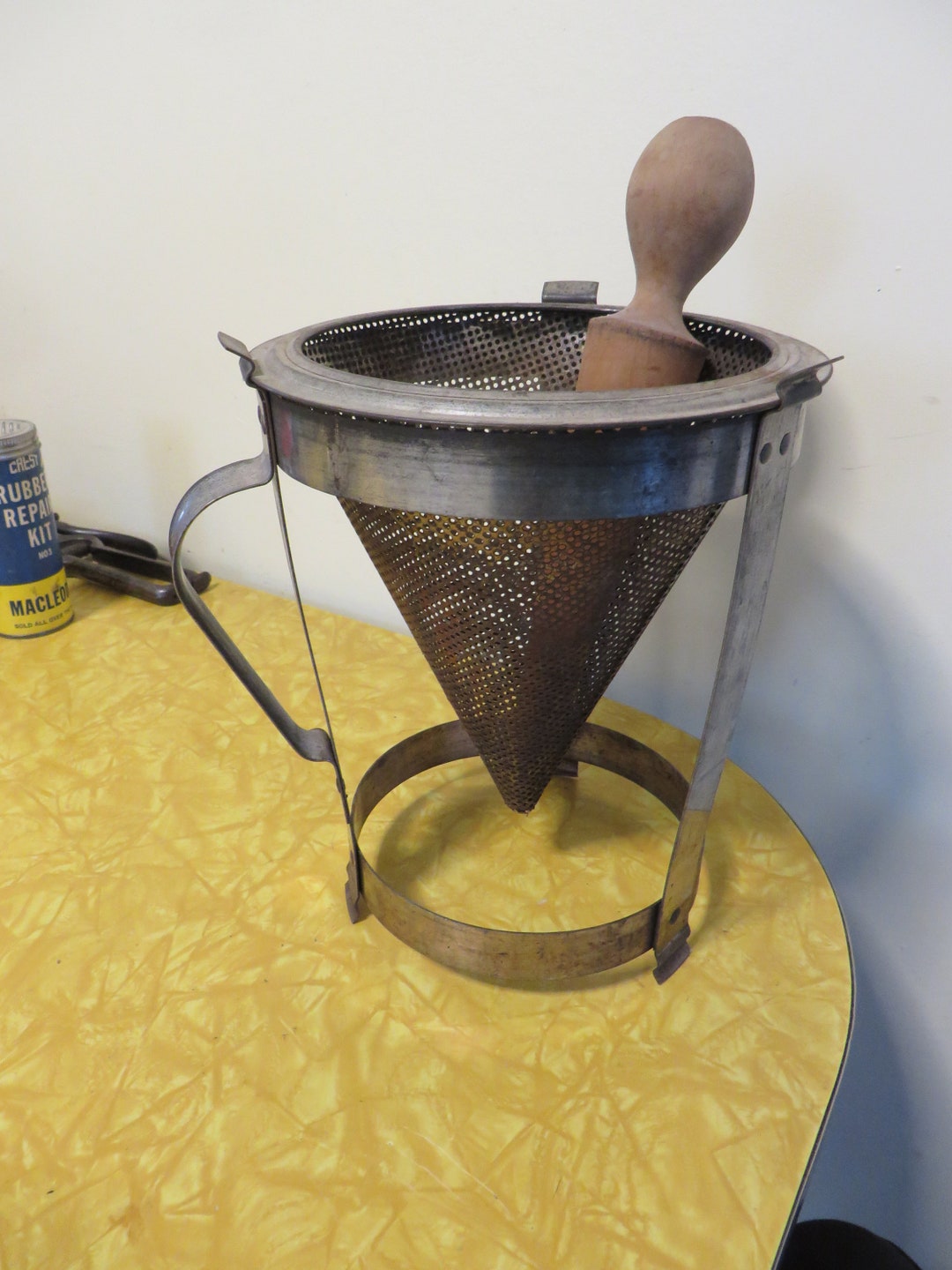 Vintage Cone Colander Sieve Strainer With Wooden Pestle Rustic Kitchen Decor With Handle Etsy