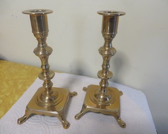 Vintage Set Of Solid Brass Candlestick Holders, Base With Four Feet 7.5" High