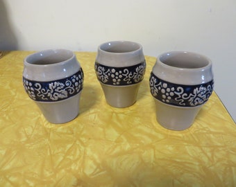 3 Gerzit Stoneware Drinkware Cups Blue And White, West Germany