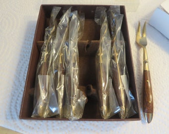 Bronze Royalty Cutlery 6 Boxed Appetizer Forks, Nickel Bronze With Wooden Handles