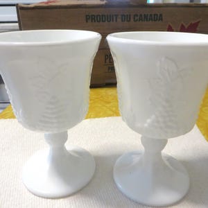 2 White Milk Glass Indiana Colony Harvest Grape Footed Goblets