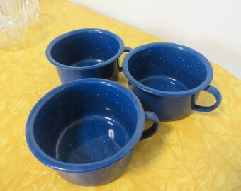 3 Vintage Blue Enamelware With White Fleck Coffee Mugs With Handles, 4" Wide x 2" deep