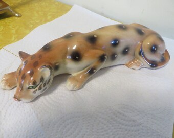 Vintage Heavy Stoneware Ceramic Laying Leopard Figurine, Hand Painted, Unmarked, 10" Long