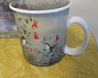 Hautman Brothers Collections Hummingbird 12 oz Porcelain Coffee Mug With Lid, Boxed