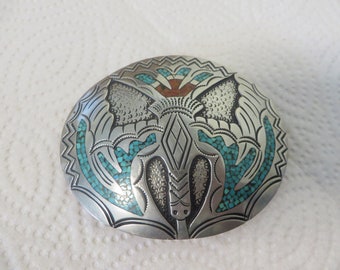 Navajo Silver Turquoise And Coral Bird Belt Buckle, Signed Initials JN