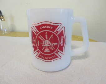 Vintage Milk Glass Canadian Firefighters Coffee Mug, Federal Glass