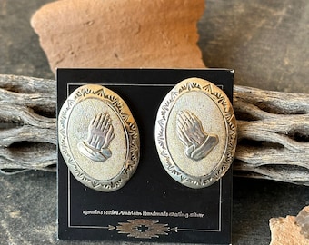 Navajo Handmade Sterling Silver earrings Praying Hands Silver Jewelry Southwestern Post Earrings Chatfields Jewelry OOAK made in USA