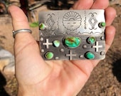 Navajo Belt Buckle, Sterling Silver and Royston Turquoise Buckle, Handmade Sterling Buckle, Sun Spirit and Crosses, Big Silver Buckle