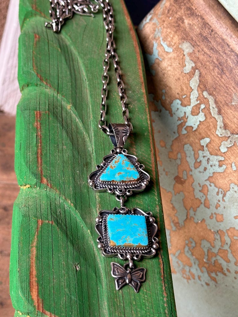 Native American Jewelry 2 Stone High Grade Crow Springs Turquoise & Silver Pendant by Navajo