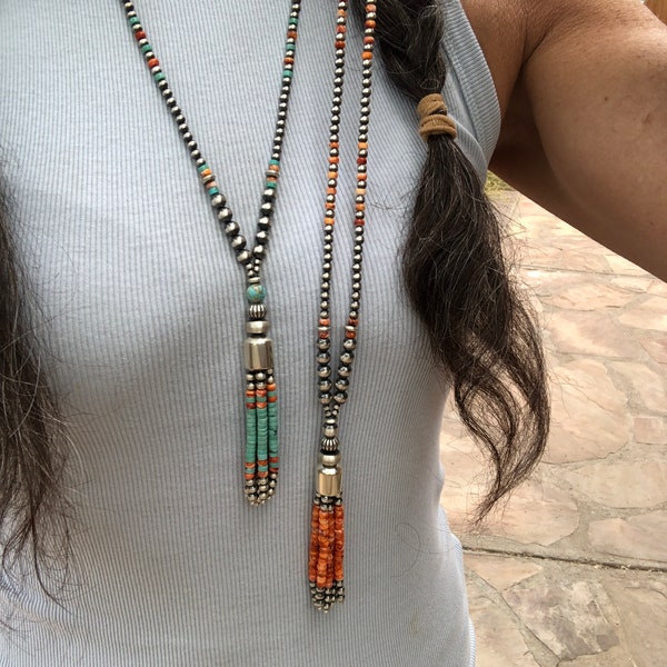 Choose your fave! Genuine Turquoise orange Spiny Oyster Shell Sterling silver Tassel Necklace or Earrings Navajo Pearls Chatfields Jewelry