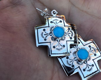 Turquoise and sterling silver earrings cross jewelry southwest gift Chatfields Jewelry dangle earrings crosses OOAK Etsy handmade in the USA