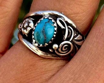 Kingman Turquoise Sterling Silver Floral Feathered Rings Navajo Handmade Chatfields Jewelry Native American USA made