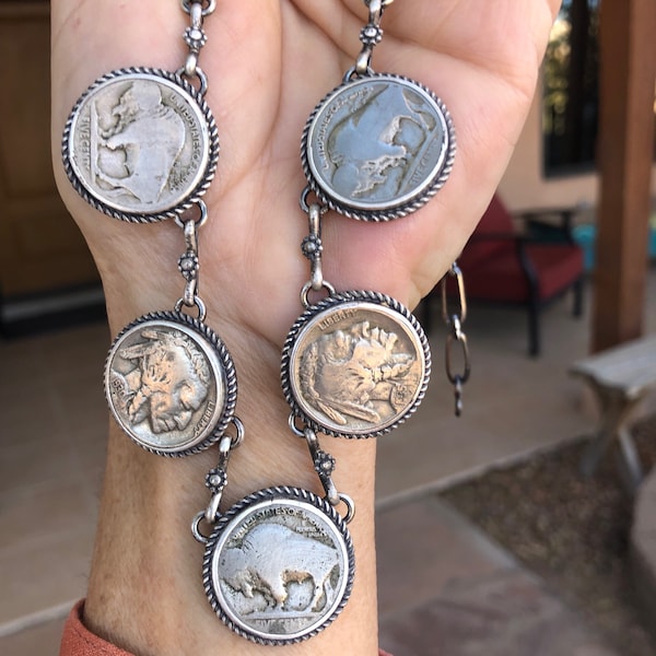 Navajo Style Genuine Buffalo Nickel Necklace set in Sterling Silver by Brenda Jimenez Navajo Ladysmith Handmade in USA Chatfields Jewelry