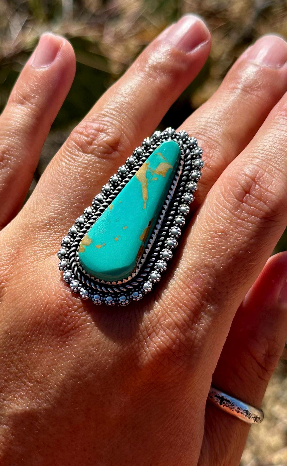 Native Oversized Turquoise Ring Handmade Sterling Silver Turquoise