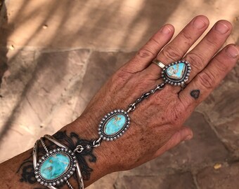 Native American Jewelry Turquoise & Silver Cuff to Ring set by Navajo Brenda Jimenez Chatfields Jewelry Navajo handmade fits most adjustable