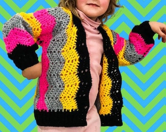 Crochet Kids Cardigan. 4-5 years. Black and Neon. Ziggy.