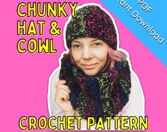 Chunky Hat and Cowl Crochet Pattern | PDF Instant Download | Ribbed Beanie Crochet Pattern | Beginner