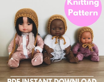 Garter Stitch Bonnet Knitting Pattern for Miniland Doll - 21cm, 32cm, 38cm