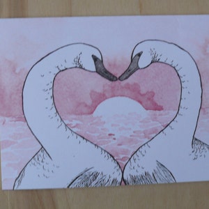 Saint-Valentin Swan fait à la main ; impression de plume originale et Dessin Aquarelle de la carte de la Saint-Valentin de cygnes