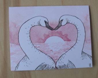 San Valentín hecho a mano del cisne; impresión de la original pluma y acuarela dibujo de tarjeta de San Valentín de cisnes