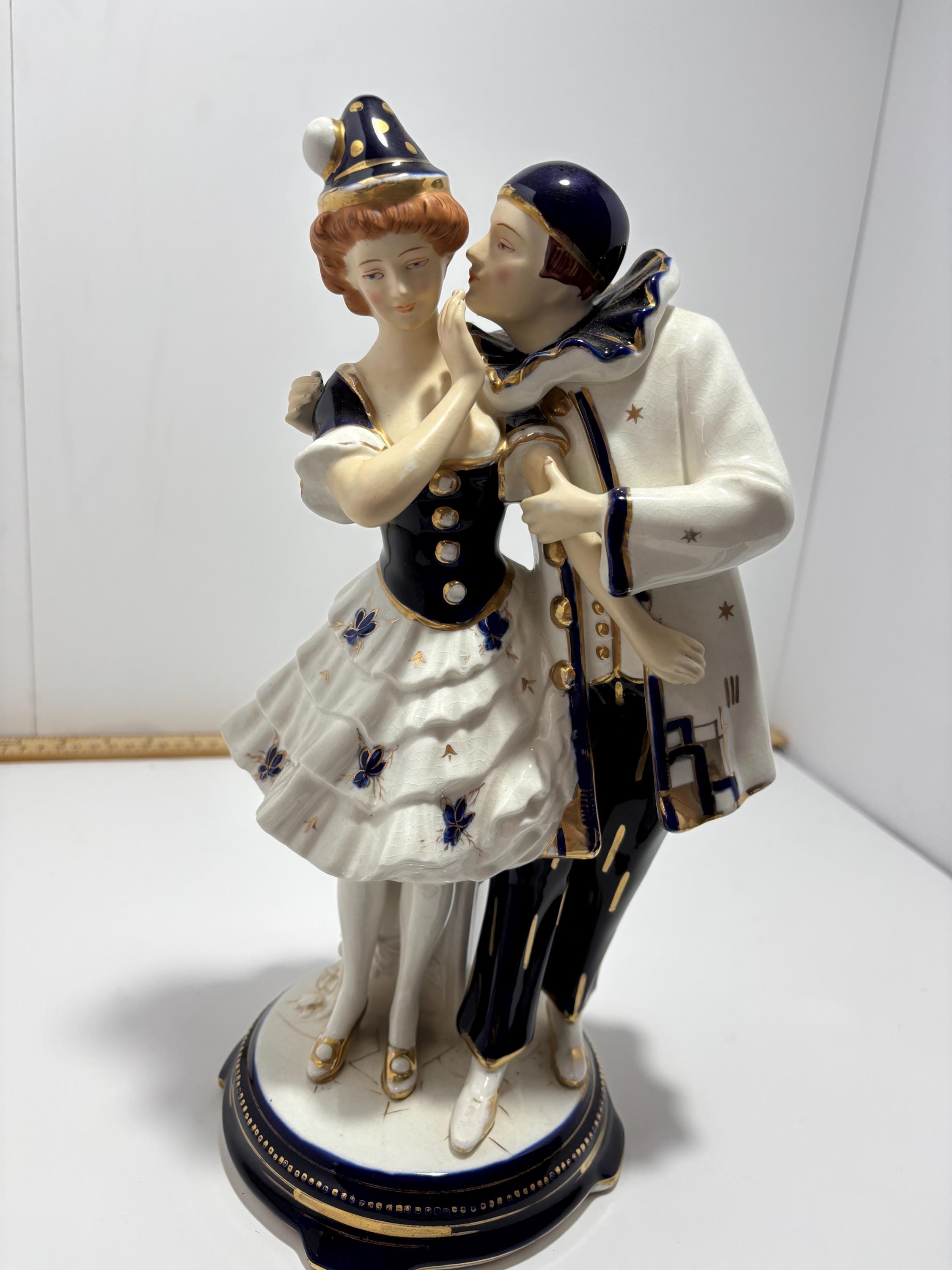 アールデコ　ピエロ　ハーレクイン　ミッドセンチュリー　ヴィンテージ　2体セット Antique Art Deco Porcelain Figurine - Pierrot & Pierrette